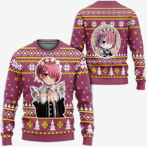 Divesart - Re Zero Ram Ugly Christmas Sweater and Hoodie Custom Anime Xmas Gifts