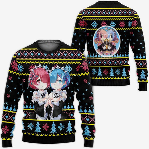 Divesart - Re Zero Rem Ram Ugly Christmas Sweater and Hoodie Custom Anime Xmas Gifts