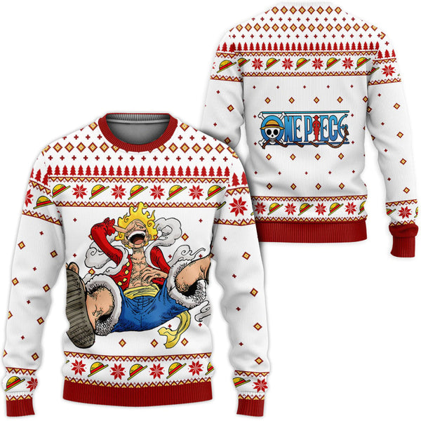 Divesart - Luffy Gear 5 Red and White Ugly Christmas Sweater and Hoodie Custom One Piece Anime Xmas Gifts