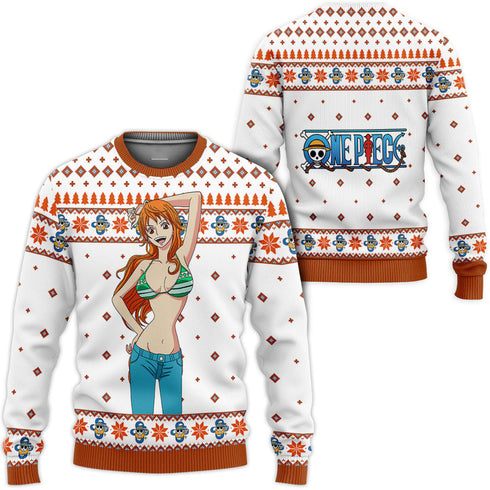 Divesart - Nami Anime White Anime Ugly Christmas Sweater and Hoodie Custom One Piece Anime Xmas Gifts