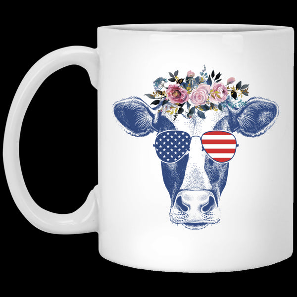 Cow With American Flag Shade And Flower Crown - Gift For Mom- White Mug