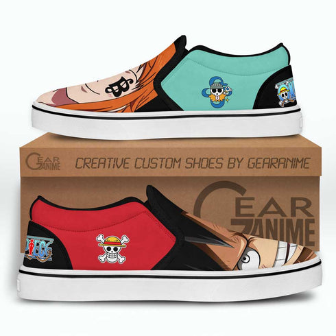 Nami and Luffy Slip On Sneakers Custom Anime OP Shoes